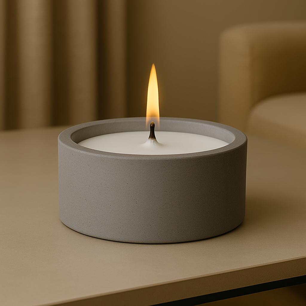 El Yapımı Gri Renk Vanilya Kokulu Beton Mum – 240 gr, Dekoratif Tasarım