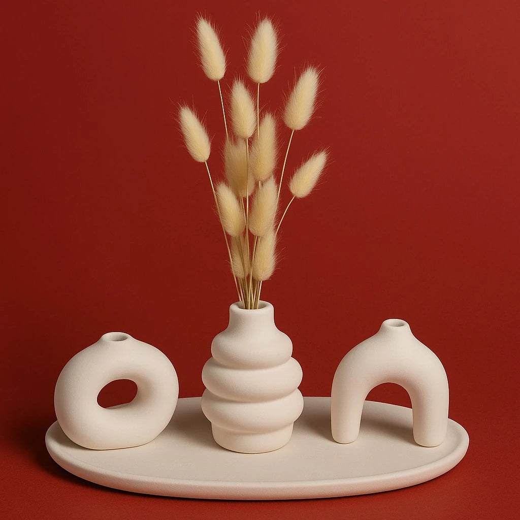 Modern Minimal 4’lü Dekor Seti – 3 Vazo & 1 Altlık Tabak ile Zamansız Şıklık