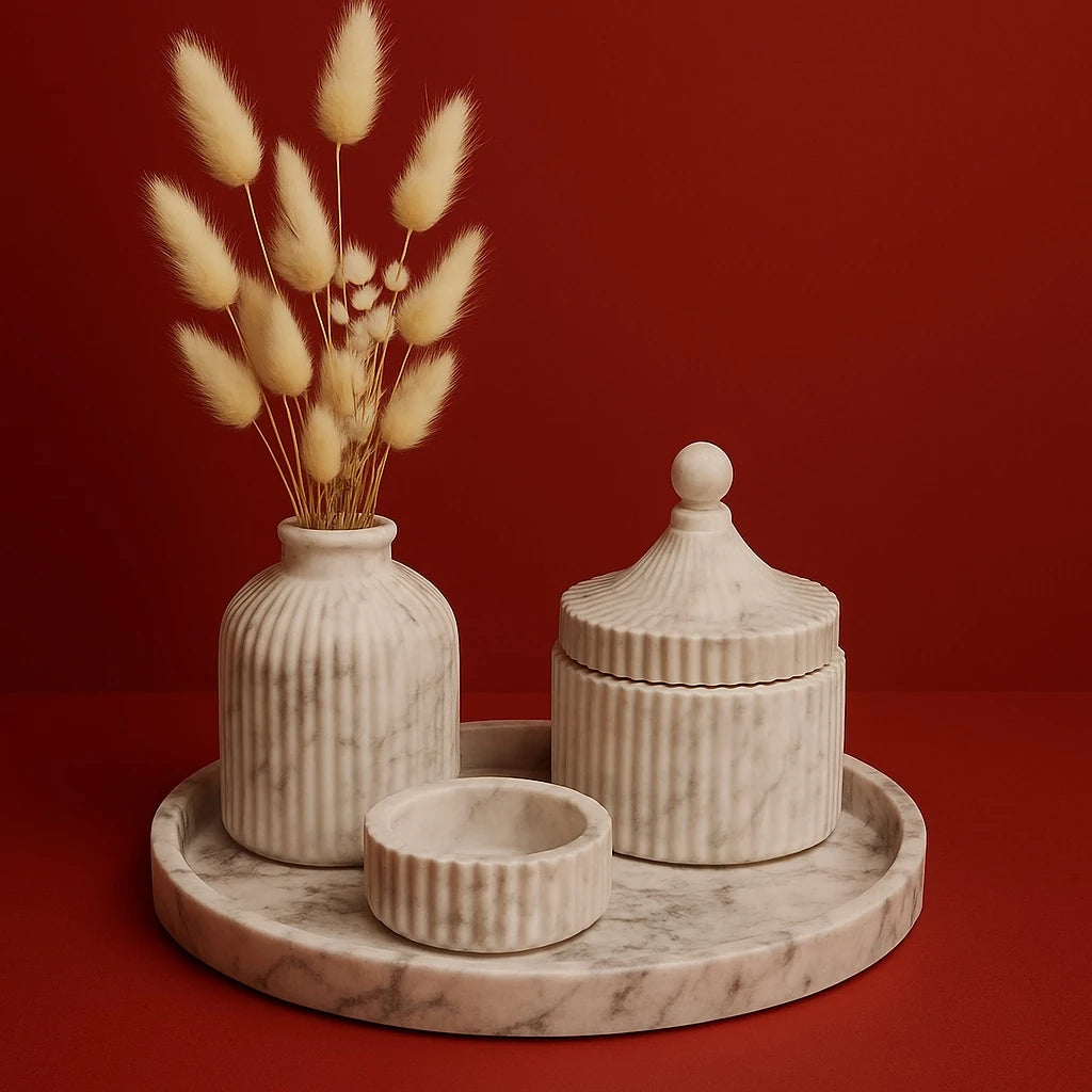 Seramik Görünümlü Dekor Seti – Vazo, Mum ve Tabağıyla- 3'lü Set