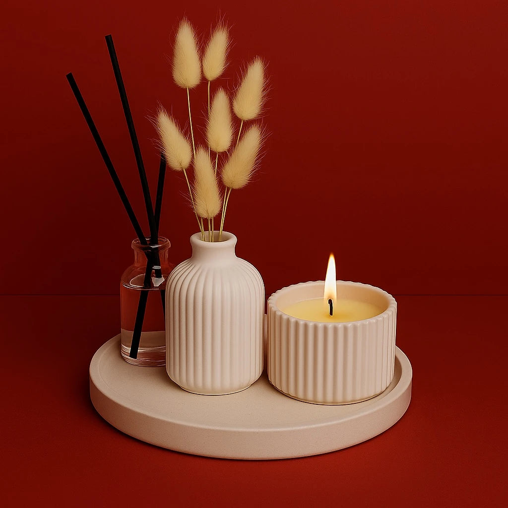 4’lü Şık Dekor Seti – Kokulu Mum, Oda Kokuluğu ve Vazo ile Tamamlayıcı Minimalizm