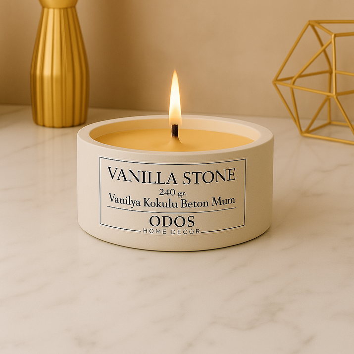 El Yapımı Vanilya Kokulu Beton Mum – 240 gr, Dekoratif Tasarım