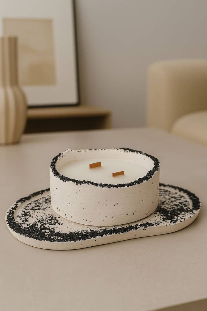 Kırık Taş Koleksiyonu - Tepsili Beton Mum Seti – Şık ve Dekoratif