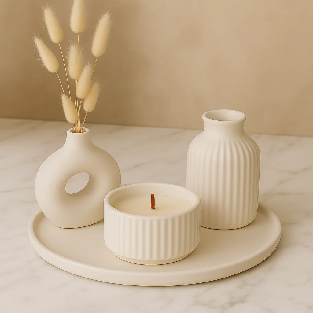 Minimal 4’lü Dekor Seti – Modern Vazolar, Kokulu Mum ve Altlık ile İskandinav Şıklığı