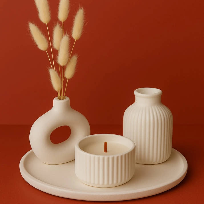 Minimal 4’lü Dekor Seti – Modern Vazolar, Kokulu Mum ve Altlık ile İskandinav Şıklığı