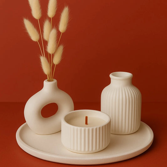 Minimal 4’lü Dekor Seti – Modern Vazolar, Kokulu Mum ve Altlık ile İskandinav Şıklığı