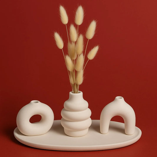 Modern Minimal 4’lü Dekor Seti – 3 Vazo & 1 Altlık Tabak ile Zamansız Şıklık