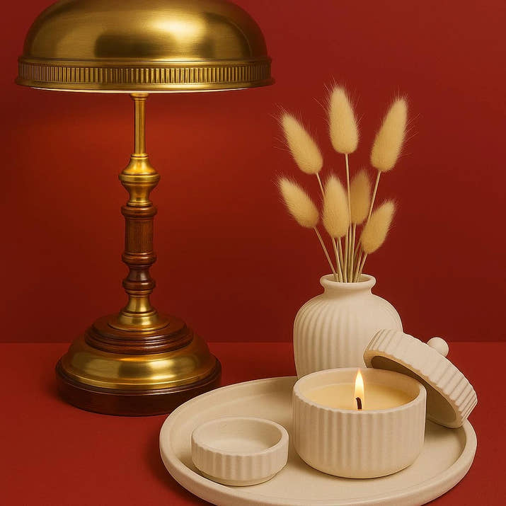 5'li Dekoratif Set – El Yapımı Kapaklı Mum, Vazo ve Mumluk ile Minimal Tasarım