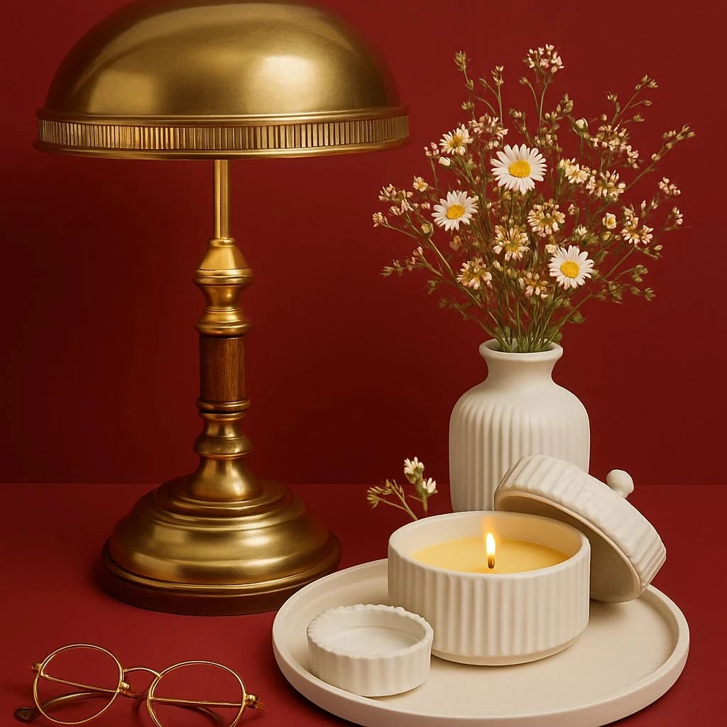 Seramik Görünümlü Dekor Seti – Vazo, Mum ve Tabağıyla- 3'lü Set