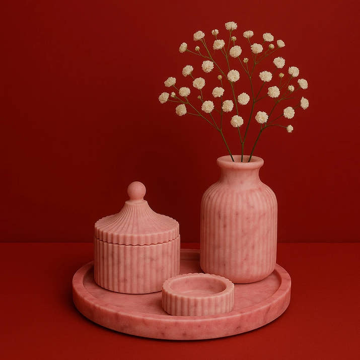 Seramik Görünümlü Dekor Seti – Vazo, Mum ve Tabağıyla- 3'lü Set