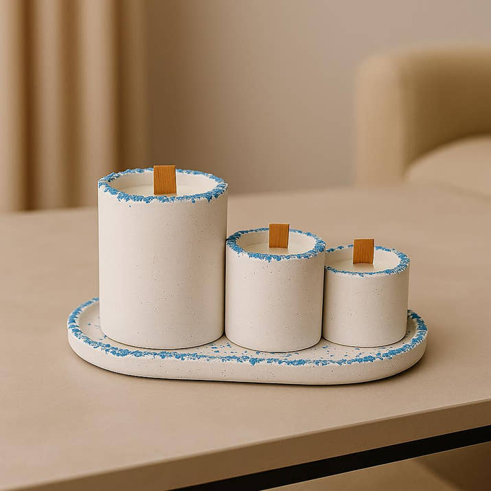 Kırık Taş Koleksiyonu 3’lü Taş Detaylı Beton Mum Seti – Dekoratif, Ahşap Fitilli